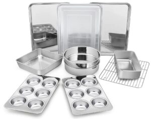 p&p chef bakeware sets of 11, stainless steel baking pans set, includes baking sheets and rack, lasagna pan with lid, round/square cake pan, muffin pans, loaf pan, reusable & durable