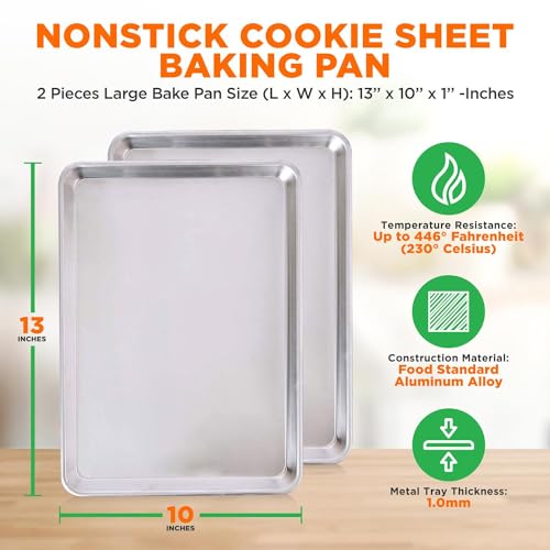 NutriChef Non Stick Baking Sheets, Cookie Pan Aluminum Bakeware, Professional Quality Kitchen Cooking Non-Stick Bake Trays with Silver Coating Inside and Outside, 1 Pair of Pans