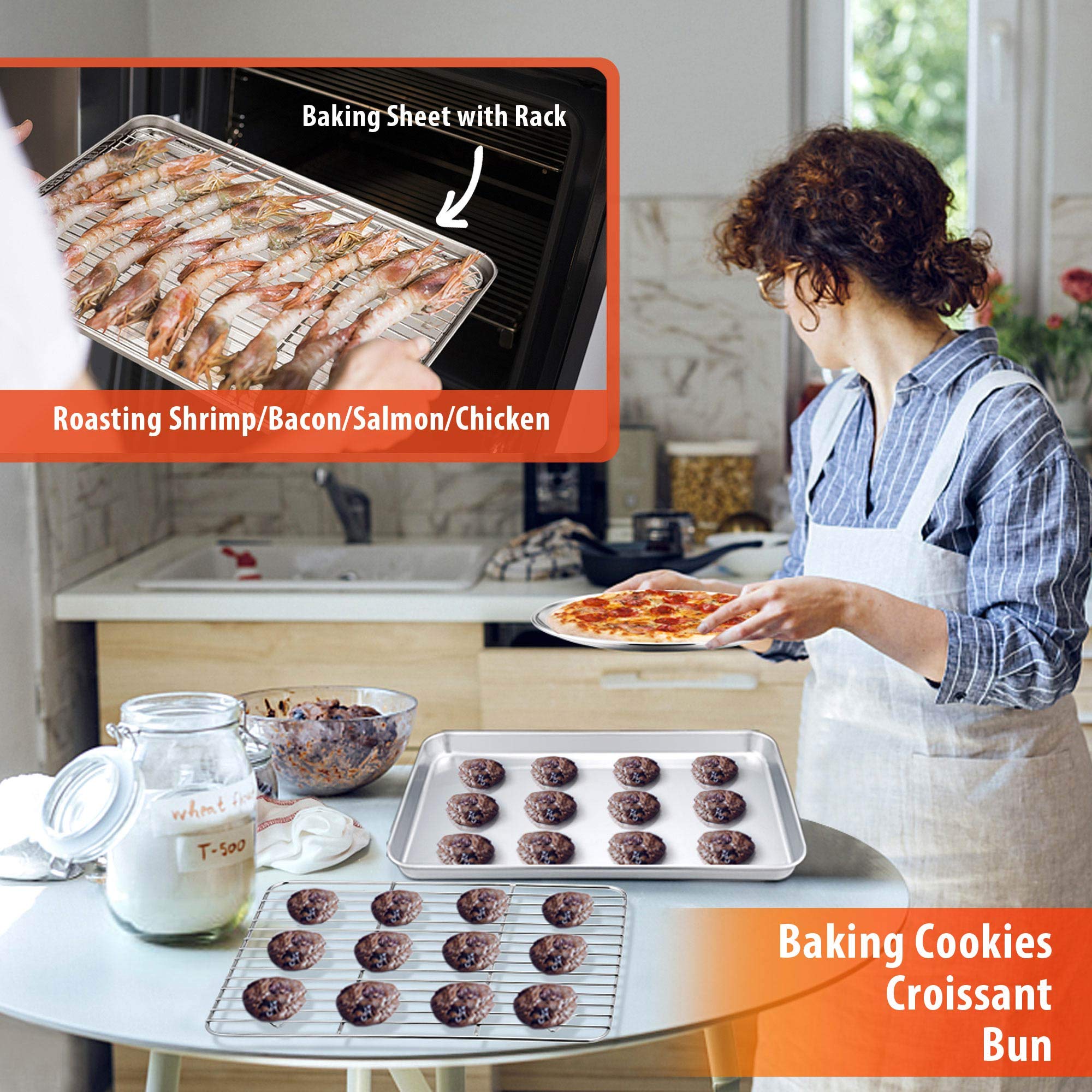 TeamFar Bakeware, Stainless Steel Bakeware Set with Baking Sheet and Rack, Lasagna Pan with Lid, Square & Round Cake Pan with Lid, Muffin Pan & Loaf Pan, Pizza Pan, Healthy & Dishwasher Safe