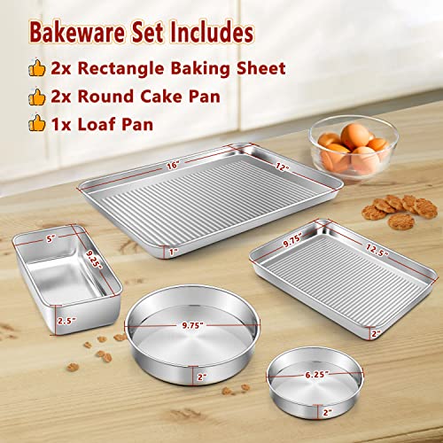 Homikit Bakeware Set of 5, Stainless Steel Baking Pan Sets Nonstick, Heavy Duty Metal Baking Sheets Tray and Round Cake Bread Meatloaf Pans Great for Oven Cooking Roasting, Rust Free & Dishwasher Safe