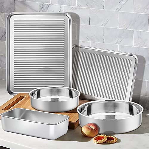 Homikit Bakeware Set of 5, Stainless Steel Baking Pan Sets Nonstick, Heavy Duty Metal Baking Sheets Tray and Round Cake Bread Meatloaf Pans Great for Oven Cooking Roasting, Rust Free & Dishwasher Safe