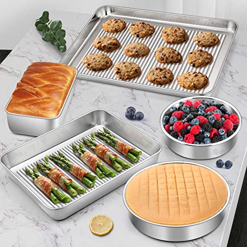 Homikit Bakeware Set of 5, Stainless Steel Baking Pan Sets Nonstick, Heavy Duty Metal Baking Sheets Tray and Round Cake Bread Meatloaf Pans Great for Oven Cooking Roasting, Rust Free & Dishwasher Safe