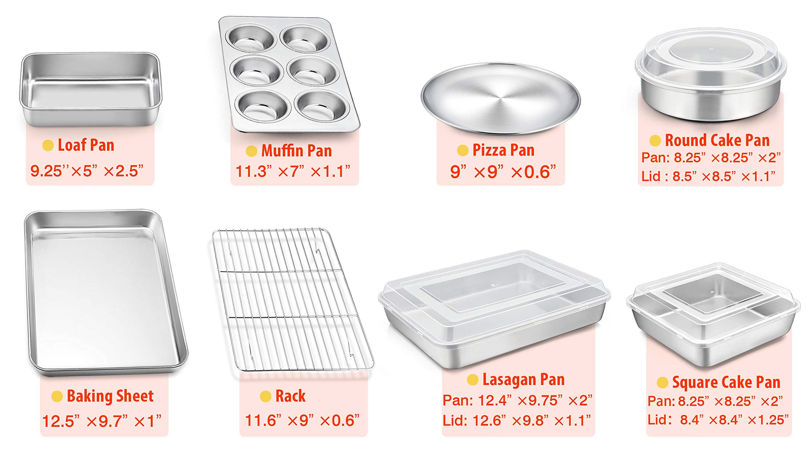 TeamFar Bakeware, Stainless Steel Bakeware Set with Baking Sheet and Rack, Lasagna Pan with Lid, Square & Round Cake Pan with Lid, Muffin Pan & Loaf Pan, Pizza Pan, Healthy & Dishwasher Safe