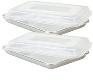 commercial grade half size aluminum baking sheet pan with 2 snap-tight plastic lid covers, 13" x 18", set of 2, nsf approved