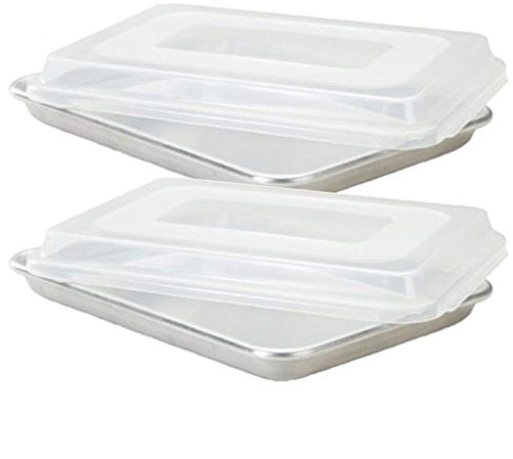 Commercial Grade Half Size Aluminum Baking Sheet Pan with 2 Snap-Tight Plastic Lid Covers, 13" x 18", Set of 2, NSF Approved