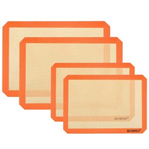 silicone baking mat set of 4-2 half sheet (11-5/8" x 16-1/2") 2 quarter sheet (8-1/2" x 11-1/2")，100% non-stick reusable food safe tray pan sheet liners with macaron, pastry, cookie (orange)