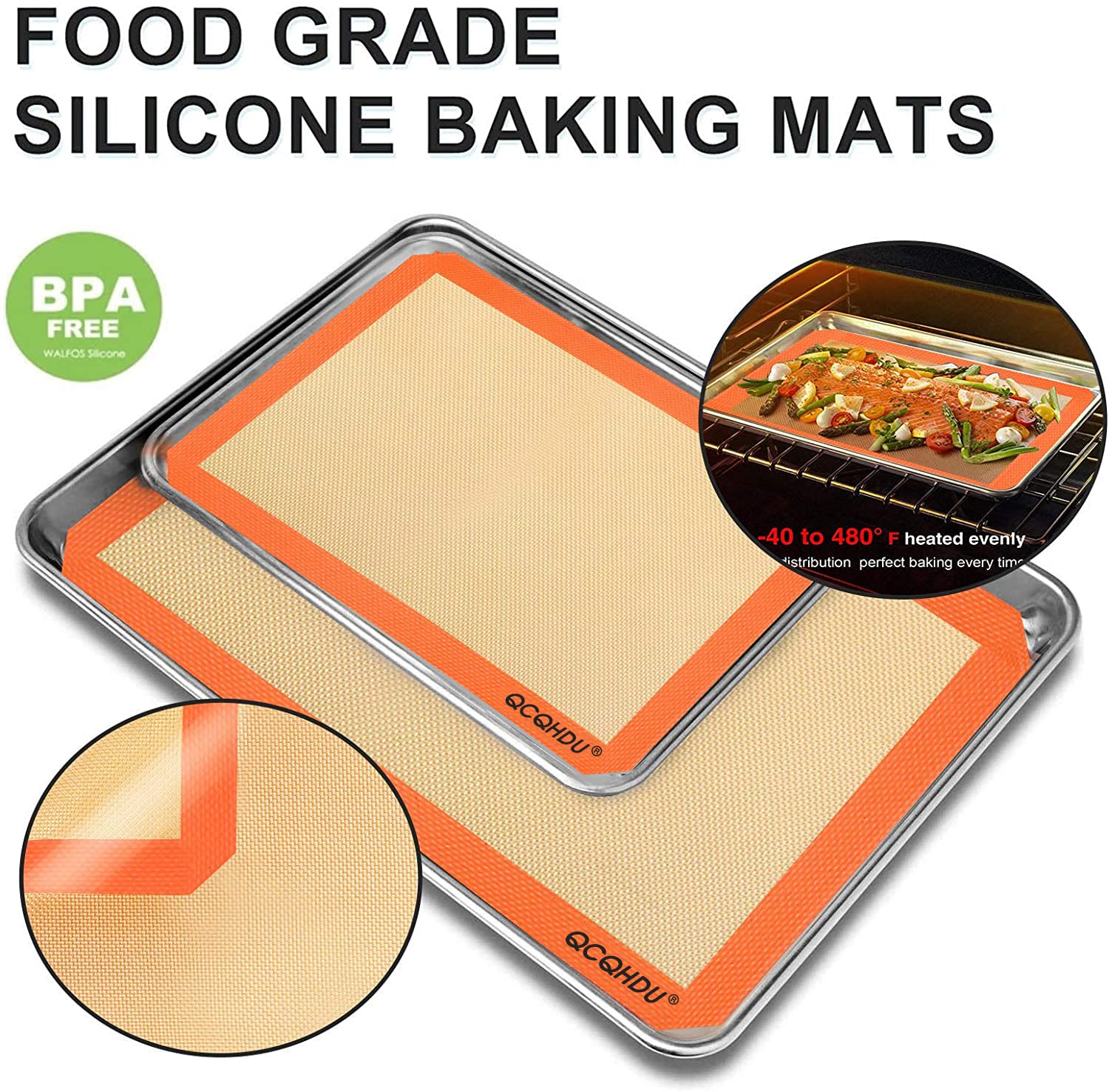 Silicone Baking Mat Set of 4-2 Half Sheet (11-5/8" x 16-1/2") 2 Quarter Sheet (8-1/2" x 11-1/2")，100% Non-Stick Reusable Food Safe Tray Pan Sheet Liners With Macaron, Pastry, Cookie (Orange)