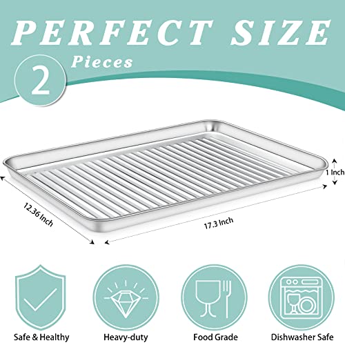 Baking Sheet Cookie Sheet Set of 2, Deedro Stainless Steel Baking Pan Professional Oven Tray Half Sheet Rectangle Size 17.3 x 12.3 x 1 Inch, Nontoxic & Rust Free & Dishwasher Safe