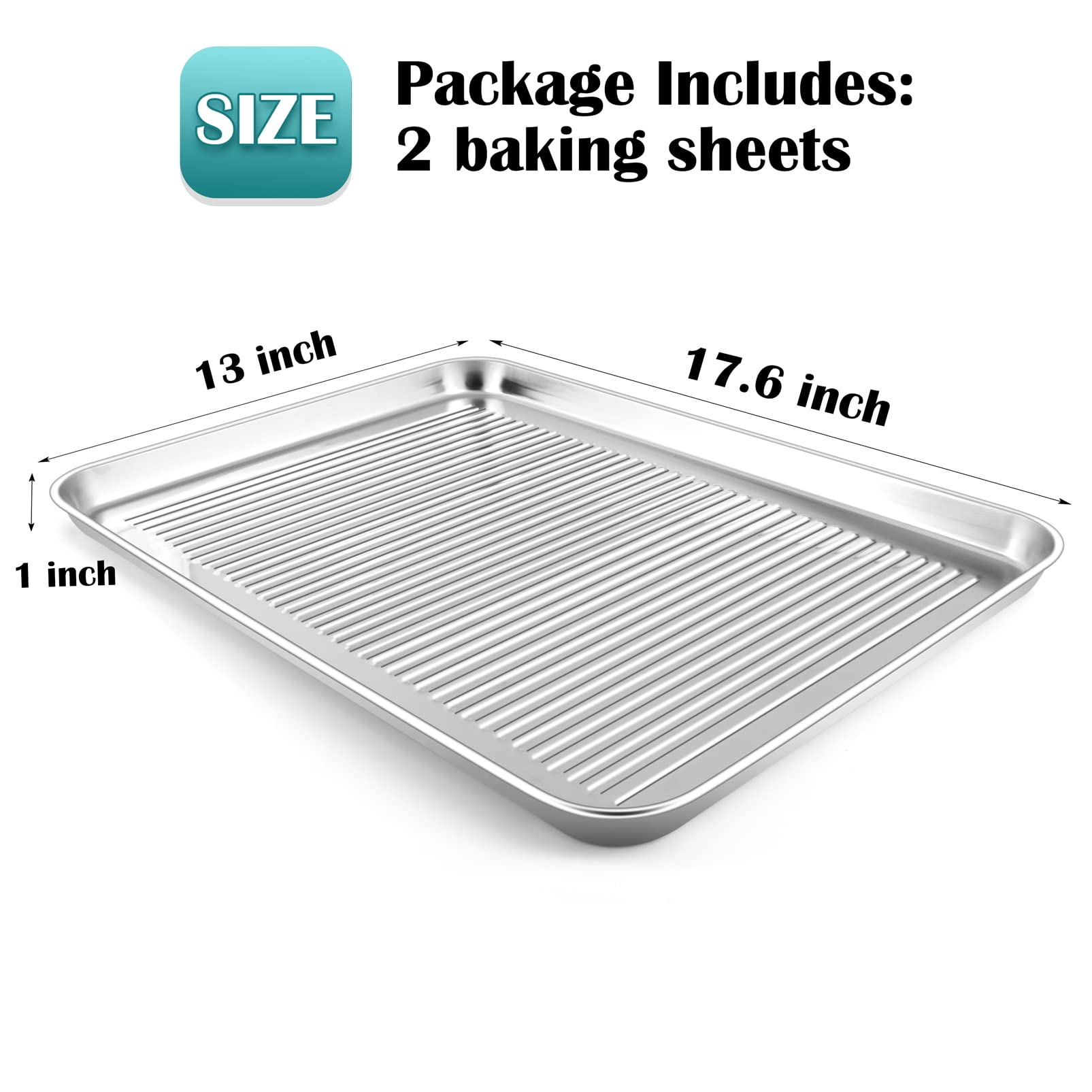 TeamFar Baking Sheet, 17.6”x13”x1” Stainless Steel Cookie Sheet Pan Tray for Oven, Healthy & Non Toxic, Corrugated Bottom & Dishwasher Safe - 2pcs
