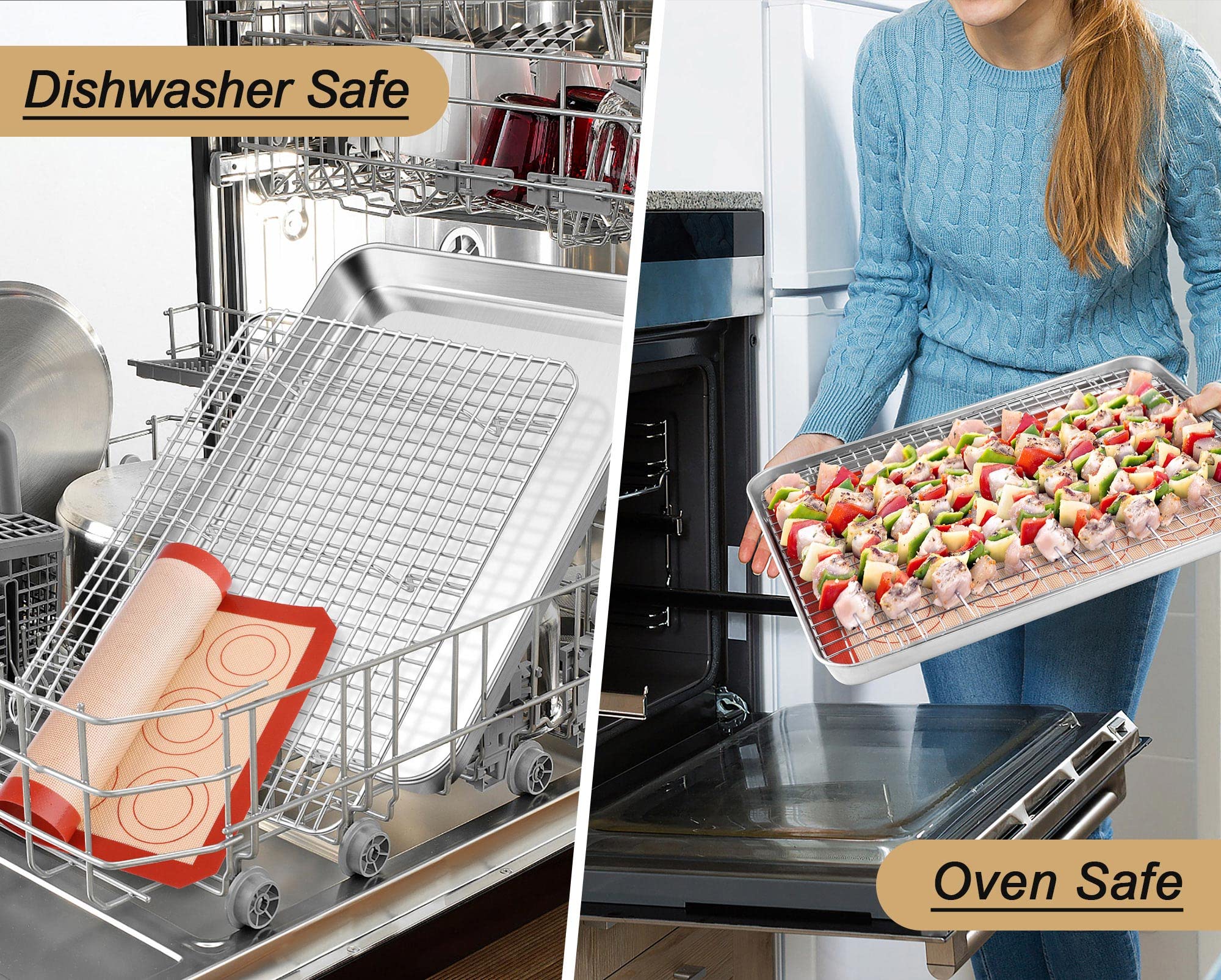 TeamFar Baking Sheet, 16’’ x 12’’ x 1’’ Stainless Steel Baking Cookie Sheet Pan with Cooling Rack & Silicone Mat Set for Oven, Non-toxic & Healthy, Dishwasher Safe & Easy Clean – Set of 3