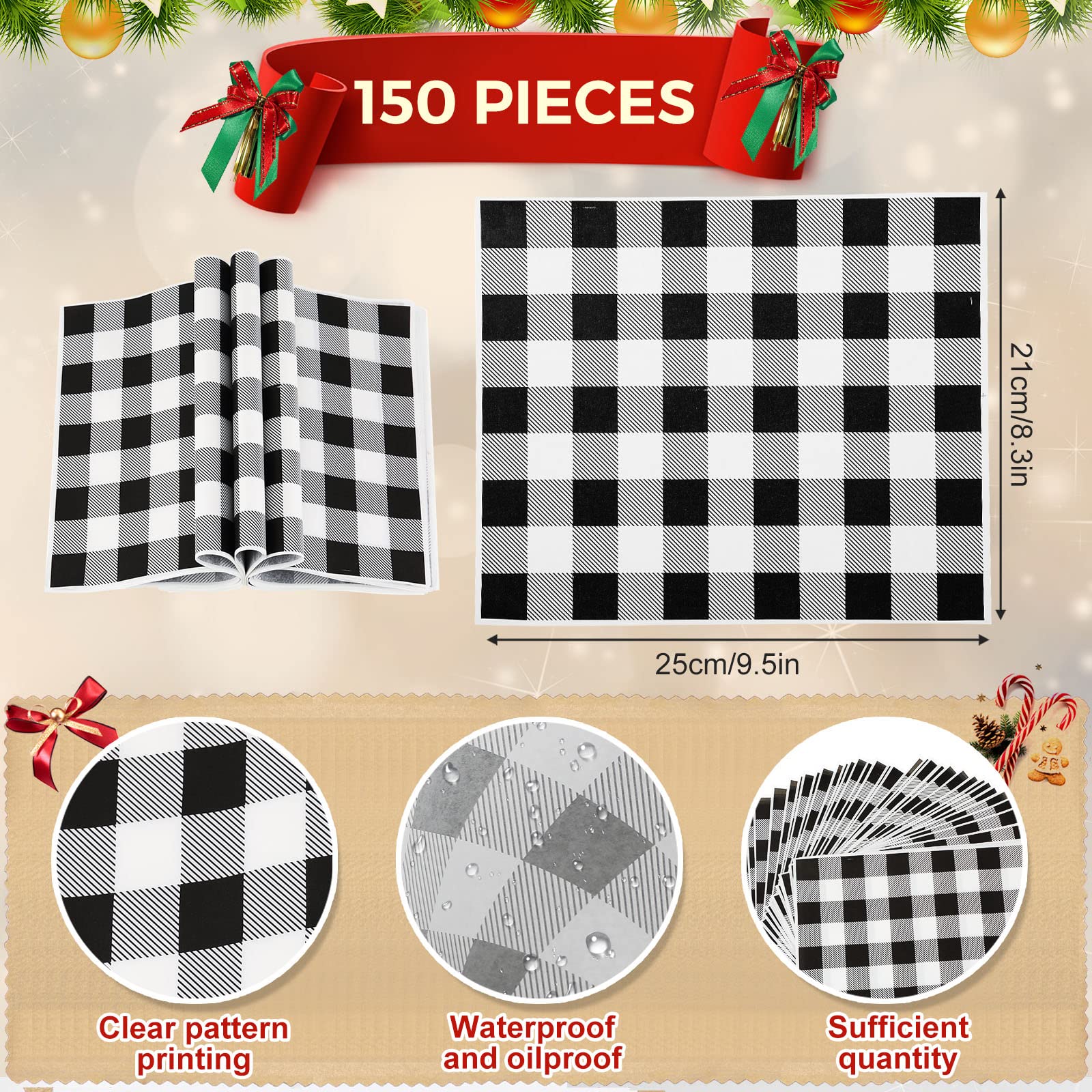 150 Pieces Wax Paper Sheets Christmas Wrap Paper Grease Resistant Paper Liners Greaseproof Paper Food Wrap Wrapping Tissue Sandwich Wrap Paper for Restaurant Food Supplies (Black White Plaid Style)