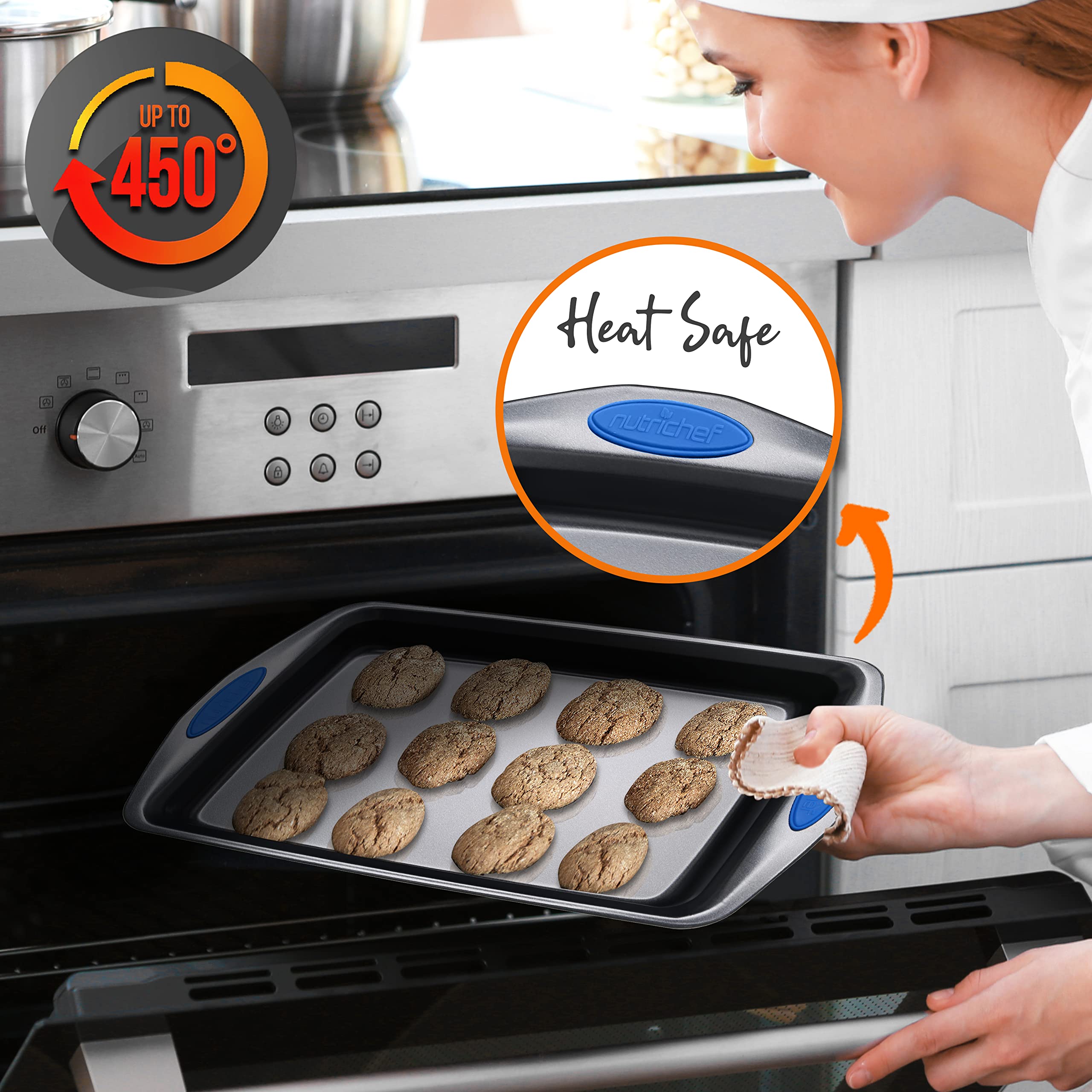 NutriChef 3-Piece Baking Pan Set - PFOA, PFOS, PTFE Free Flexible Nonstick Gray Coating Carbon Steel Bakeware - Professional Home Kitchen Bake Cookie Sheet Stackable Tray w/Blue Silicone Handles