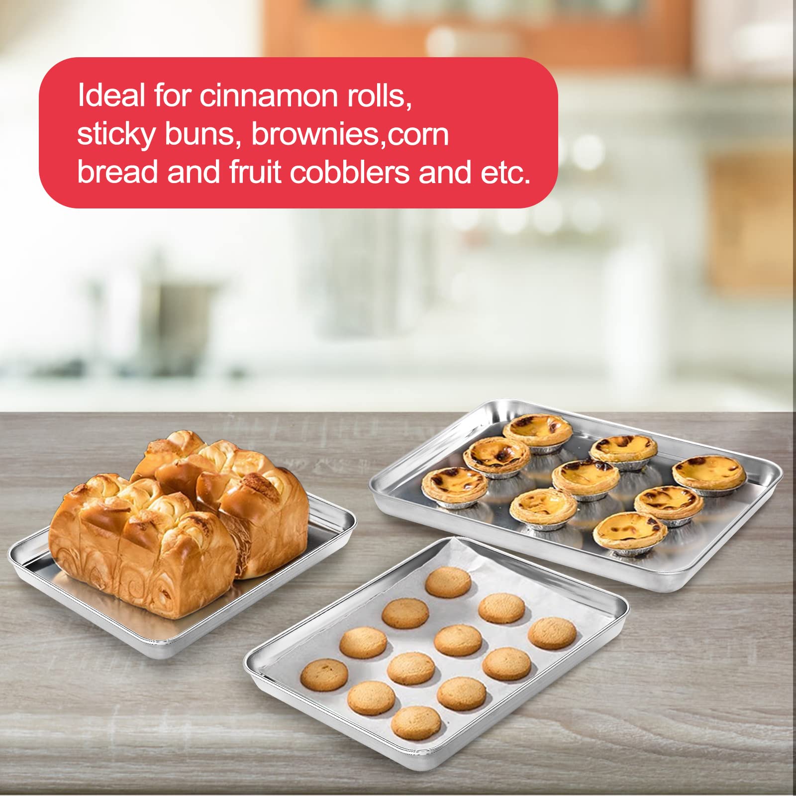 Zacfton 4 PCS Baking Sheet for Oven, Stainless Steel Baking Pans Toaster Oven Tray, Cookie Sheets for Baking, Non Toxic & Healthy, Easy Clean & Dishwasher Safe