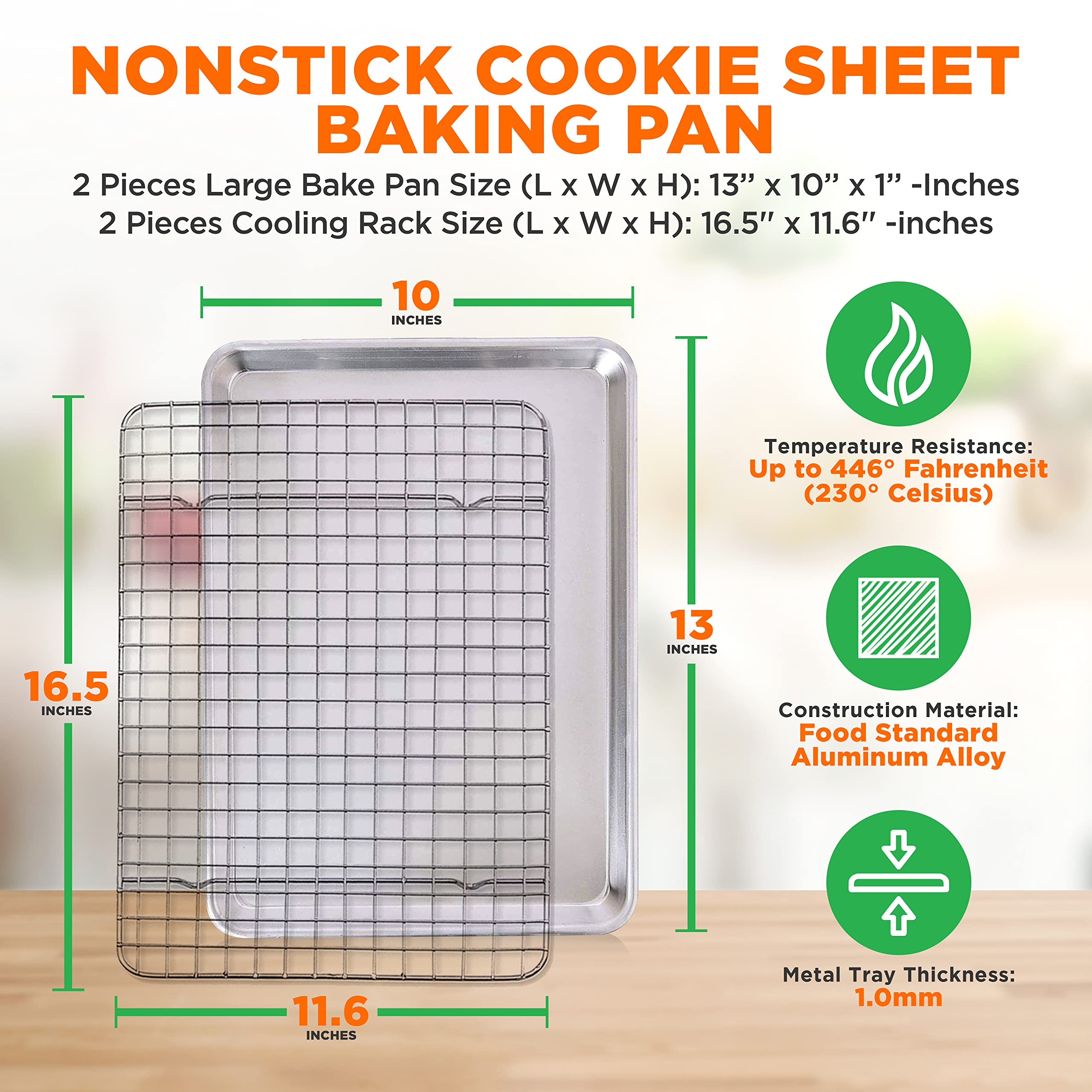 Nutrichef Non Stick Baking Sheets, Cookie Pan Aluminum Bakeware with Cooling Rack, Professional Quality Kitchen Cooking Non-Stick Bake Trays with Silver Coating Inside and Outside, 1 Pair of Pans