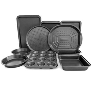 giantex 10-piece nonstick bakeware set, round and square baking pans, baking sheets, chip and pizza pan, crisper pan, roasting trays, 12-cup muffin and loaf pans, cookie sheet, steel baking set