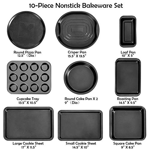 Giantex 10-Piece Nonstick Bakeware Set, Round and Square Baking Pans, Baking Sheets, Chip and Pizza Pan, Crisper Pan, Roasting Trays, 12-Cup Muffin and Loaf Pans, Cookie Sheet, Steel Baking Set