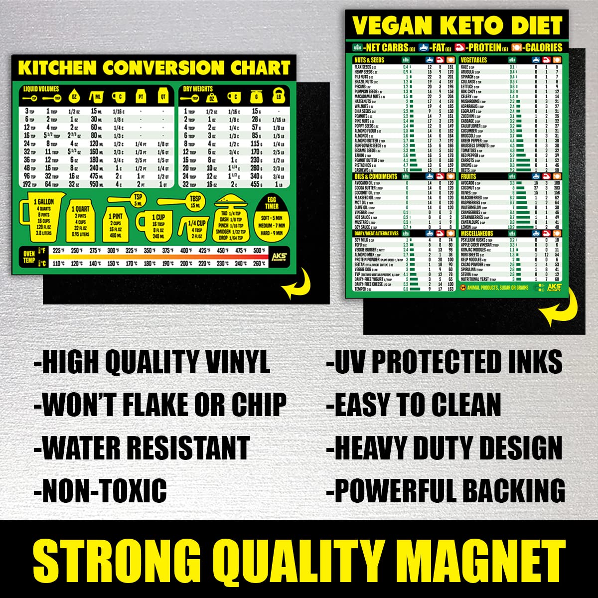 Kitchen Conversion Chart and Vegan Keto Diet Cheat Sheet Magnet Combination Bundle - Extra Large Easy to Read Reference Guides for Vegan Keto Dieting and Baking & Recipe Unit Conversions