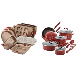 rachael ray 52410 cucina nonstick bakeware set with baking pans, baking sheets, cookie sheets, cake pan and bread pan - 10 piece & cucina nonstick cookware pots and pans set, 12 piece, cranberry red