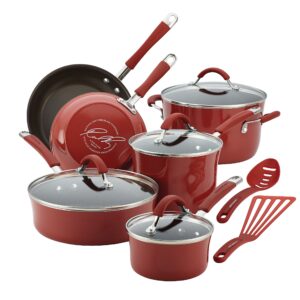 Rachael Ray 52410 Cucina Nonstick Bakeware Set with Baking Pans, Baking Sheets, Cookie Sheets, Cake Pan and Bread Pan - 10 Piece & Cucina Nonstick Cookware Pots and Pans Set, 12 Piece, Cranberry Red