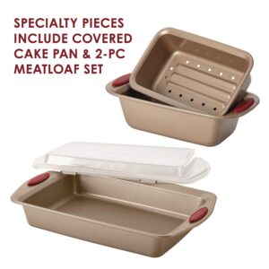 Rachael Ray 52410 Cucina Nonstick Bakeware Set with Baking Pans, Baking Sheets, Cookie Sheets, Cake Pan and Bread Pan - 10 Piece & Cucina Nonstick Cookware Pots and Pans Set, 12 Piece, Cranberry Red