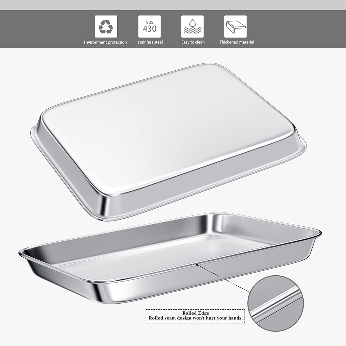 Ubrand Toaster Oven Tray Pans,Small Baking Sheet Stainless Steel Toaster Oven Baking Pan and Cookie Sheet,Rectangle Size 10.8 x 8.4 x 1.4 inch,Mirror Finish and Anti-Rust,Thick and Sturdy(2 Pieces)