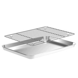 n&s amocwj food grade cookie sheet with wire rack, half baking pan for oven cooking, stainless steel rimmed tray cooling roasting broiling bacon meat steak - dishwasher safe (xl), silver