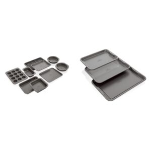 ninja b39010 foodi premium 10-piece bakeware sheet set, oven safe up to 500⁰f & cooling/roasting rack, grey & b33003 foodi 3-piece baking sheet set, 10 x 15 inch sheet & 11 x 17 inch sheet, grey