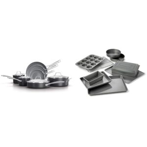 calphalon 11-piece pots and pans set, oil-infused ceramic cookware, dark grey & nonstick bakeware set, 10-piece set includes baking sheet, cookie sheet, cake pans, muffin pan, and more, silver