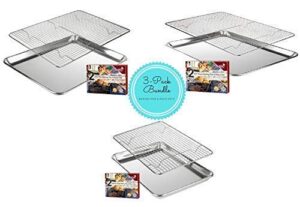 3 pack stainless steel wire cooling, baking, roasting rack with aluminum cookie pan tray set- heavy duty, commercial quality - (1 half sheet, 1 jelly roll & 1 quarter sheet pan rack sets)