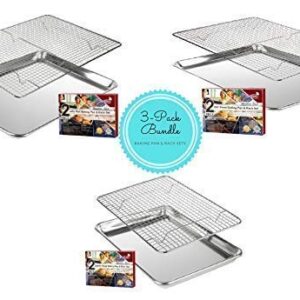 3 Pack Stainless Steel Wire Cooling, Baking, Roasting Rack with Aluminum Cookie Pan Tray Set- Heavy Duty, Commercial Quality - (1 Half Sheet, 1 Jelly Roll & 1 Quarter Sheet Pan Rack Sets)