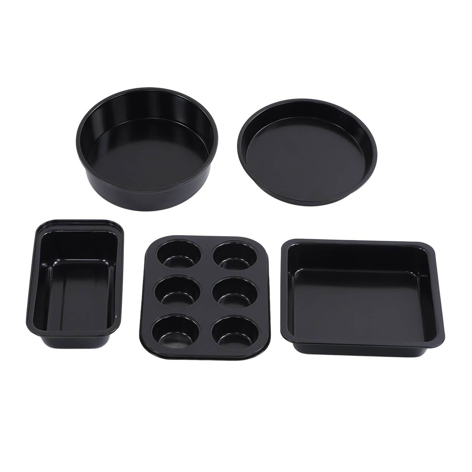 5Pcs Nonstick Bakeware Set Carbon Steel Baking Pans Kit High Temperature Resistance with Cake Mold,Baking Sheet,Pizza Tray,Quadrate & Rectangular Baking Pan for Household Bakery(Black)