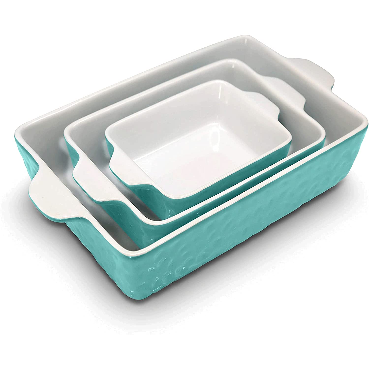 NutriChef Rectangular Ceramic 3 Piece Nonstick Stain Resistant Kitchen Bakeware Pan Set with 6 Piece Stackable Ceramic Baking Pan Sheet Set