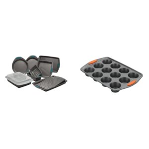 rachael ray nonstick bakeware set with grips and 12-cup muffin tin - 11 piece, gray