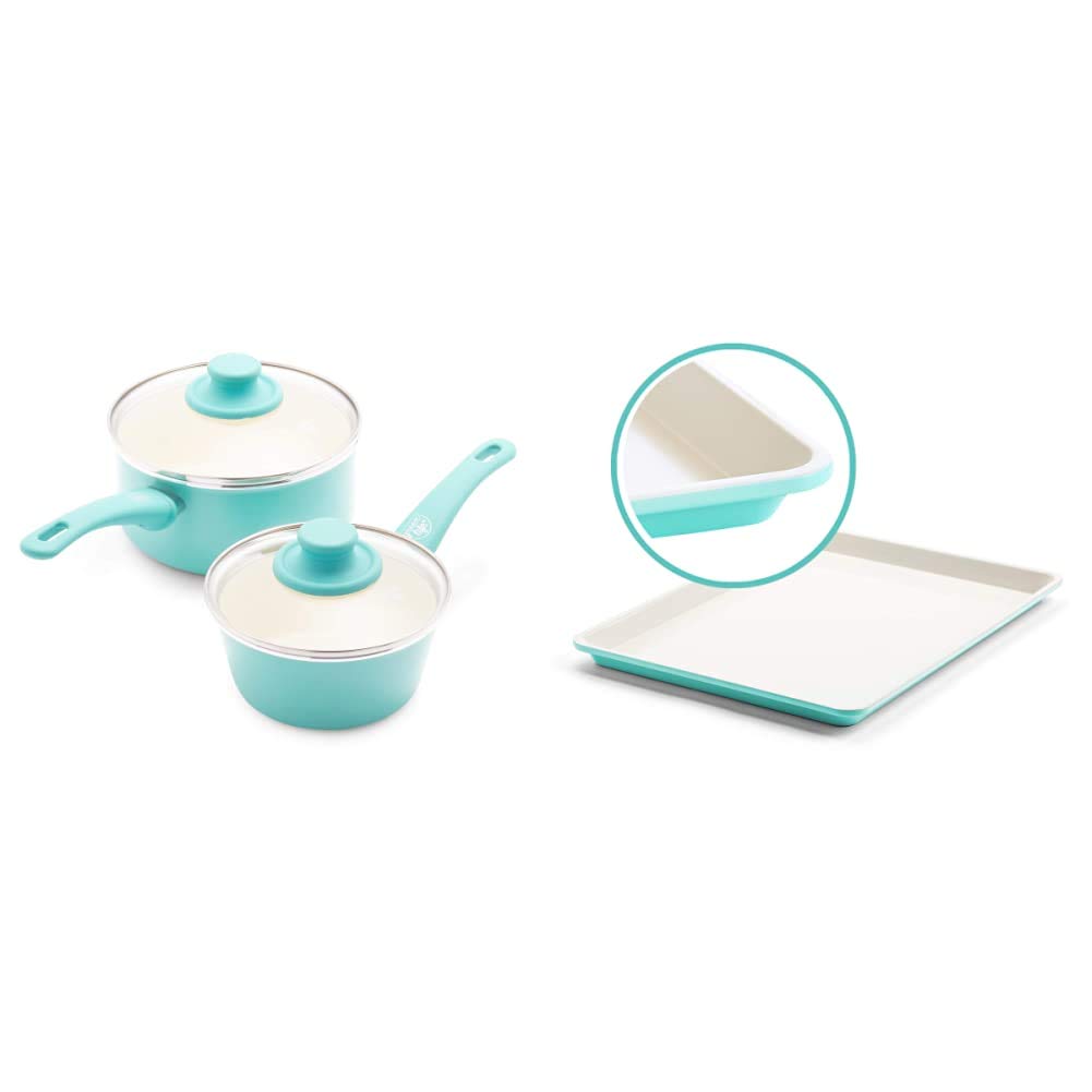 GreenLife Soft Grip Healthy Ceramic Nonstick, Saucepans with Lids, 1QT and 2QT, Turquoise & Bakeware Healthy Ceramic Nonstick, Cookie Sheet, 18" x 13", Turquoise