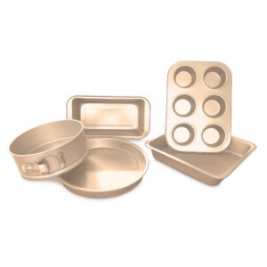 two moles bakeware 5 pcs set. includes springform cake pan (6.25''), muffin pan, square(cookie sheets), rectangle loaf pan & 8'' round personal pizza pan