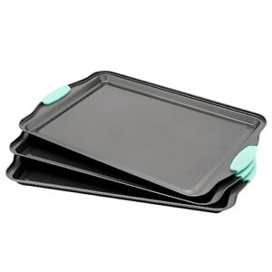 set of 3 nonstick cookie sheets for baking, bakeware pans with silicone rubber handles, 10x14 inches