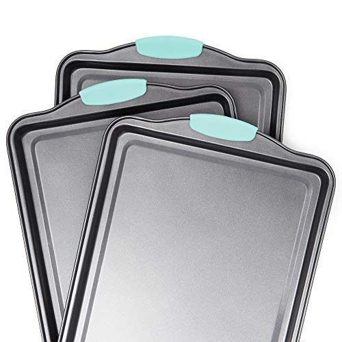 Set of 3 Nonstick Cookie Sheets for Baking, Bakeware Pans with Silicone Rubber Handles, 10x14 inches