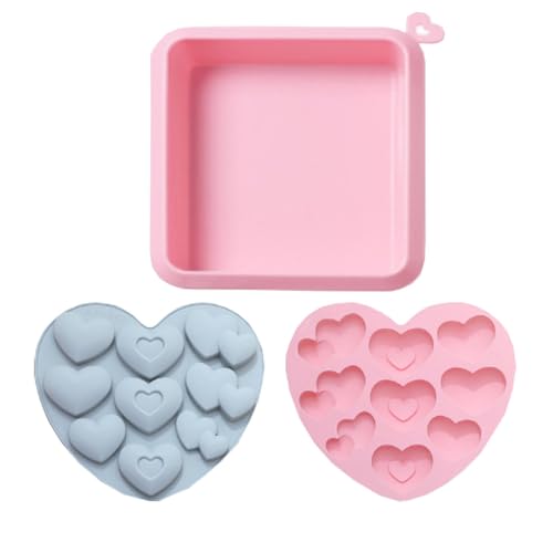 Silicone Square Cake Baking Pan Bakeware Brownie Pan+2 Silicone Heart Cake Pan, Mold a set of 3