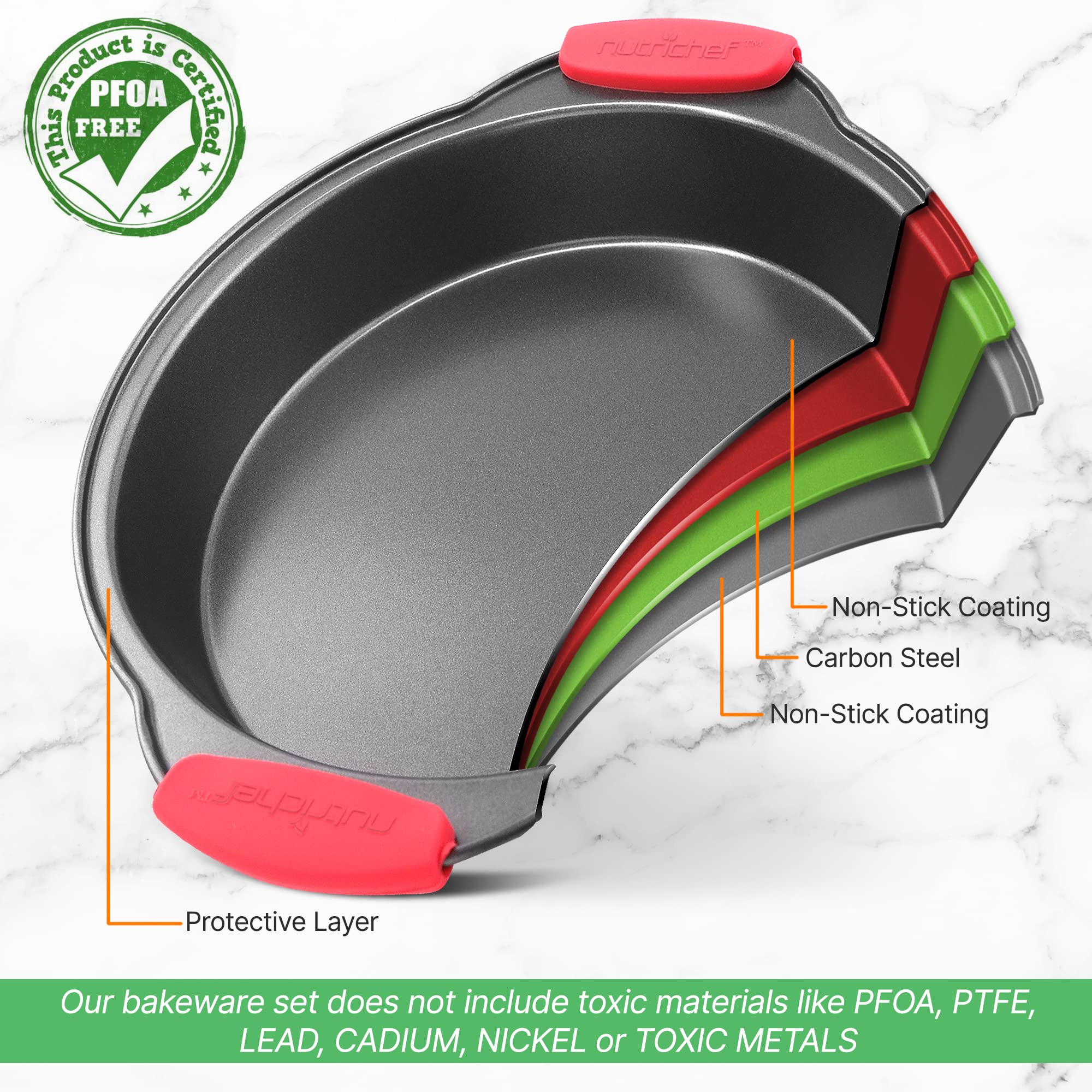 Non Stick Cake Round Pan, Deluxe Gray Carbon Steel Pan with Red Silicone Handles, Quality Metal Bakeware For Cooking & Baking Cake Loaf, Muffins & More, Compatible with Model NCSBS10S