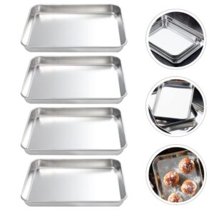 BESTonZON 4pcs Baking Sheets Stainless Steel Baking Pan Tray Cookie Sheet Oven Pan Food Tray Metal Dinner Dish for Lunch Dinner Camping Cooking Roasting Silver