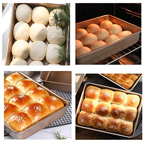 POKALI Carbon Steel Square Nonstick baking sheet cake pan, Deep Dish Oven Bakeware Mold, Square Bakeware Roasting Tray 11 x 9 inch(11in, 1 Baking Paper For Cooking GOLD)