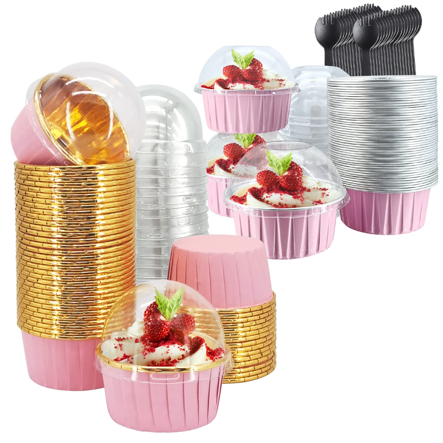 50Pack Foil Cupcake Liners With Lids And 50Pack Cupcake Cups With Dome Lids