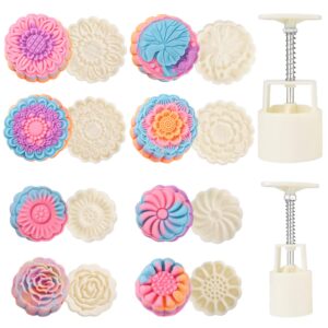 barelove bath bombs moon cake molds kit, with 8 pcs 3d thick floral shaped stamps for 2 sets, mid-autumn festival decoration pastry cookie soap hand-pressure mooncake maker cutter tools set (50g+100g)