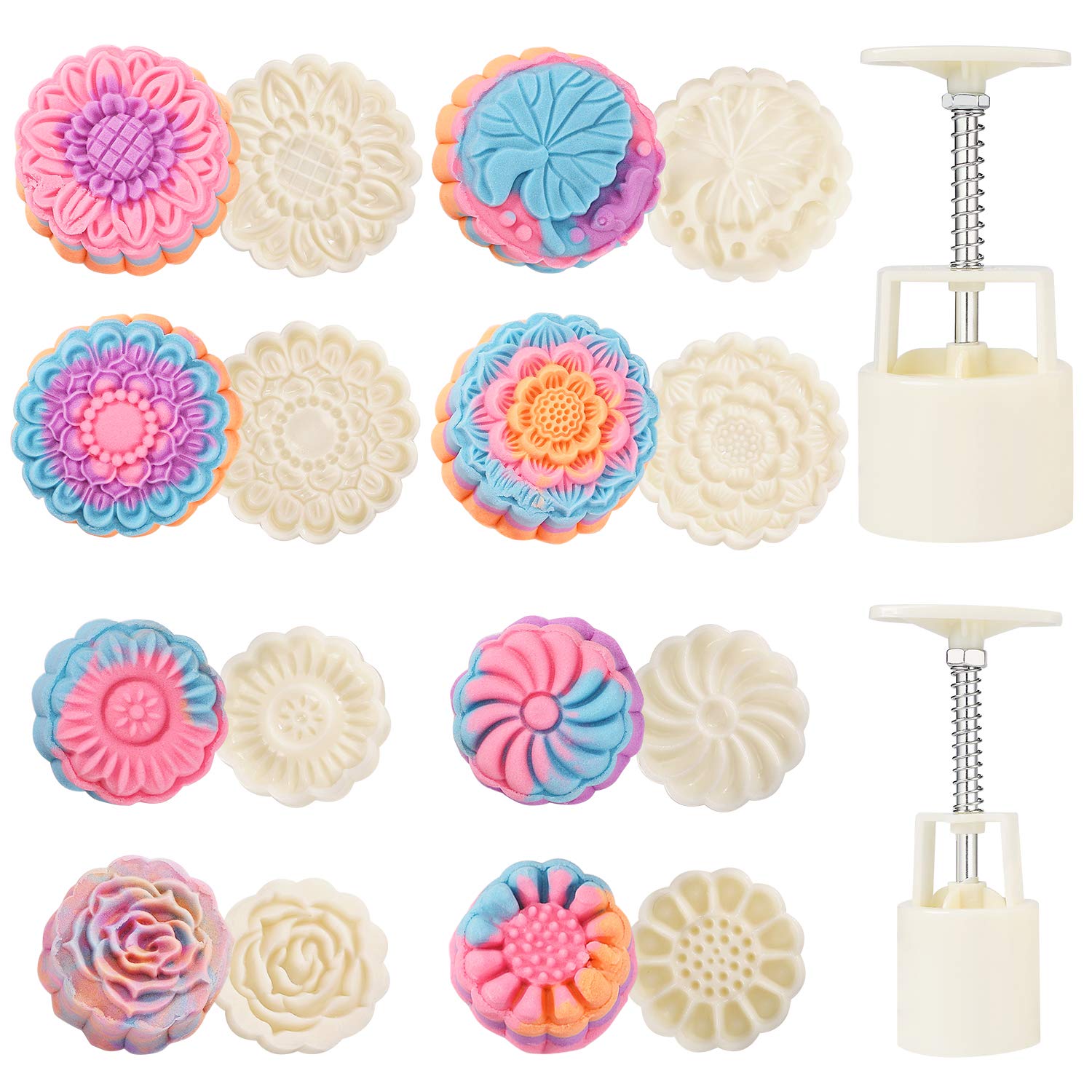 Barelove Bath Bombs Moon Cake Molds Kit, with 8 PCS 3D Thick Floral Shaped Stamps for 2 Sets, Mid-Autumn Festival Decoration Pastry Cookie Soap Hand-Pressure Mooncake Maker Cutter Tools Set (50g+100g)