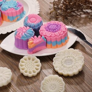 Barelove Bath Bombs Moon Cake Molds Kit, with 8 PCS 3D Thick Floral Shaped Stamps for 2 Sets, Mid-Autumn Festival Decoration Pastry Cookie Soap Hand-Pressure Mooncake Maker Cutter Tools Set (50g+100g)