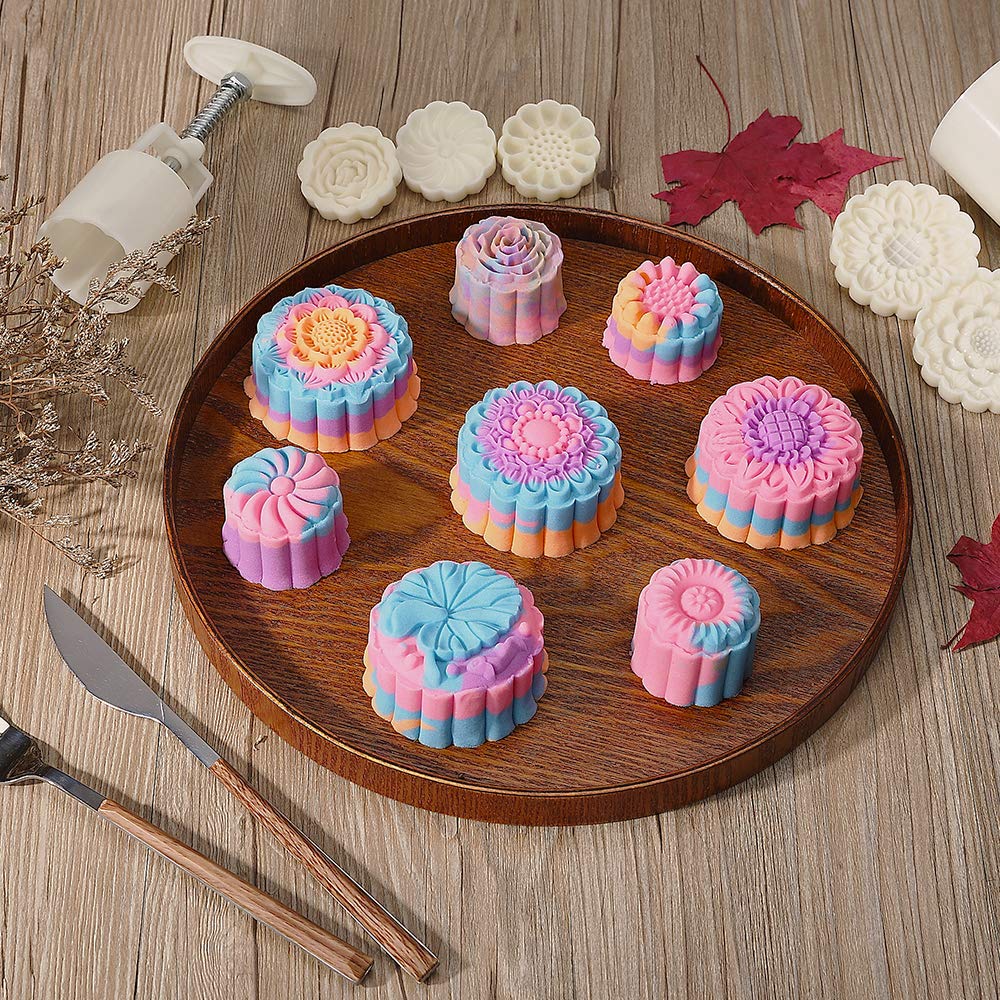 Barelove Bath Bombs Moon Cake Molds Kit, with 8 PCS 3D Thick Floral Shaped Stamps for 2 Sets, Mid-Autumn Festival Decoration Pastry Cookie Soap Hand-Pressure Mooncake Maker Cutter Tools Set (50g+100g)