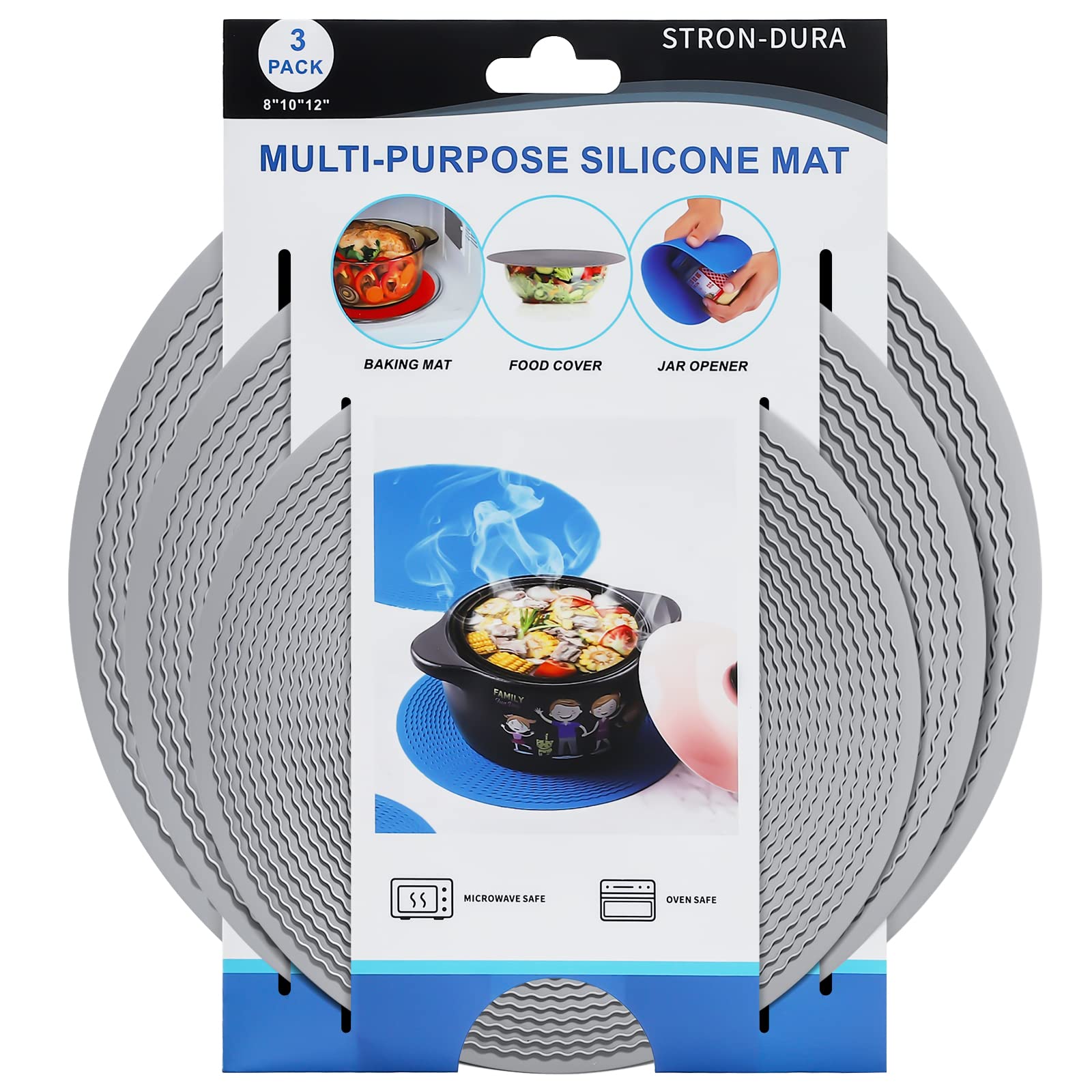 Stron-Dura 12 "10" 8" Microwave Mat, Multi Purpose Pot Holders,Trivets for Hot Dishes,Trivet, Drying Mat,Baking Mat,Place Mat,Utensils Rest,Food Safe Heat Resistant,Gray