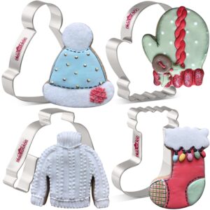 liliao winter holiday christmas cookie cutter set - 4 piece - ugly sweater, stocking, hat and mitten fondant biscuit cutters - stainless steel