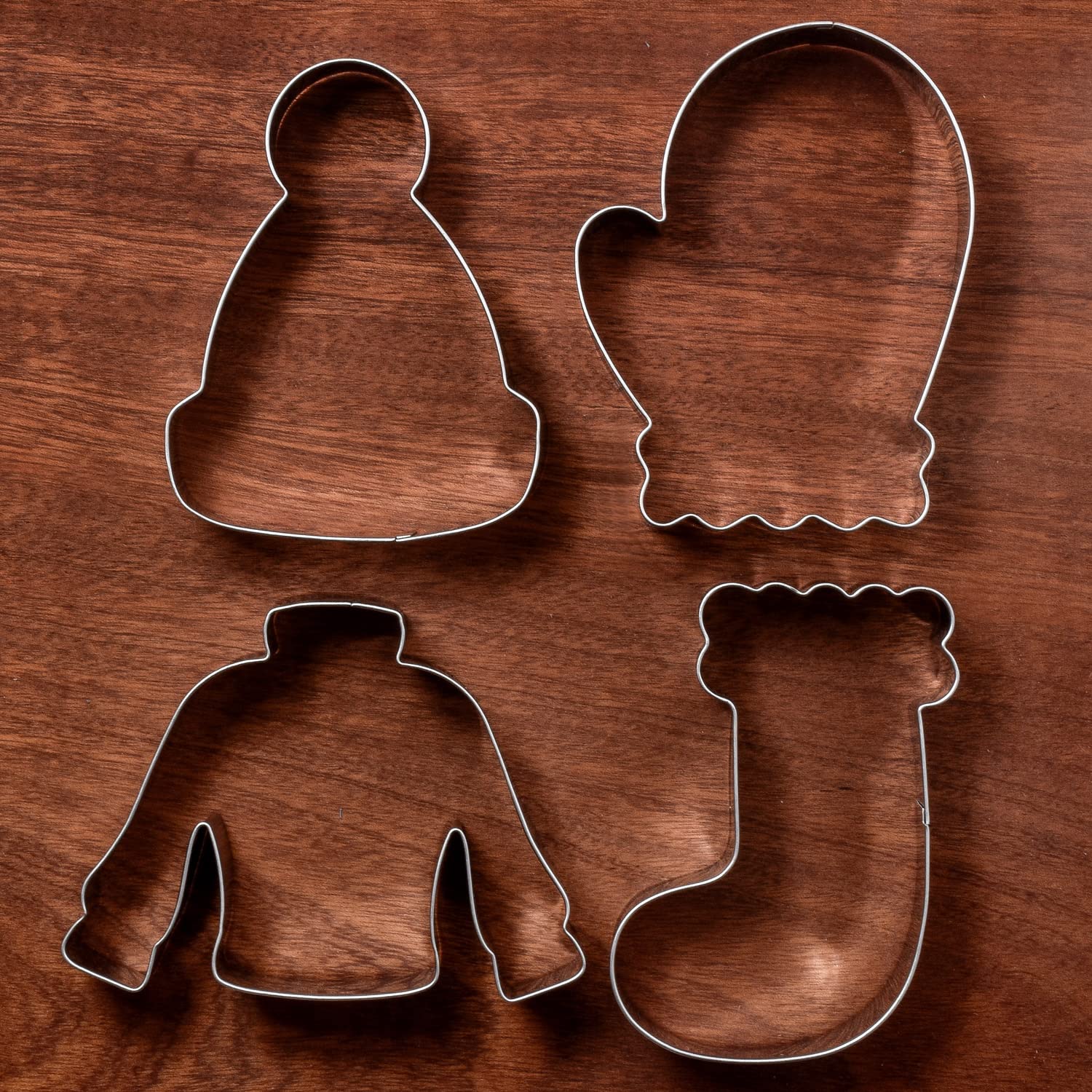 LILIAO Winter Holiday Christmas Cookie Cutter Set - 4 Piece - Ugly Sweater, Stocking, Hat and Mitten Fondant Biscuit Cutters - Stainless Steel