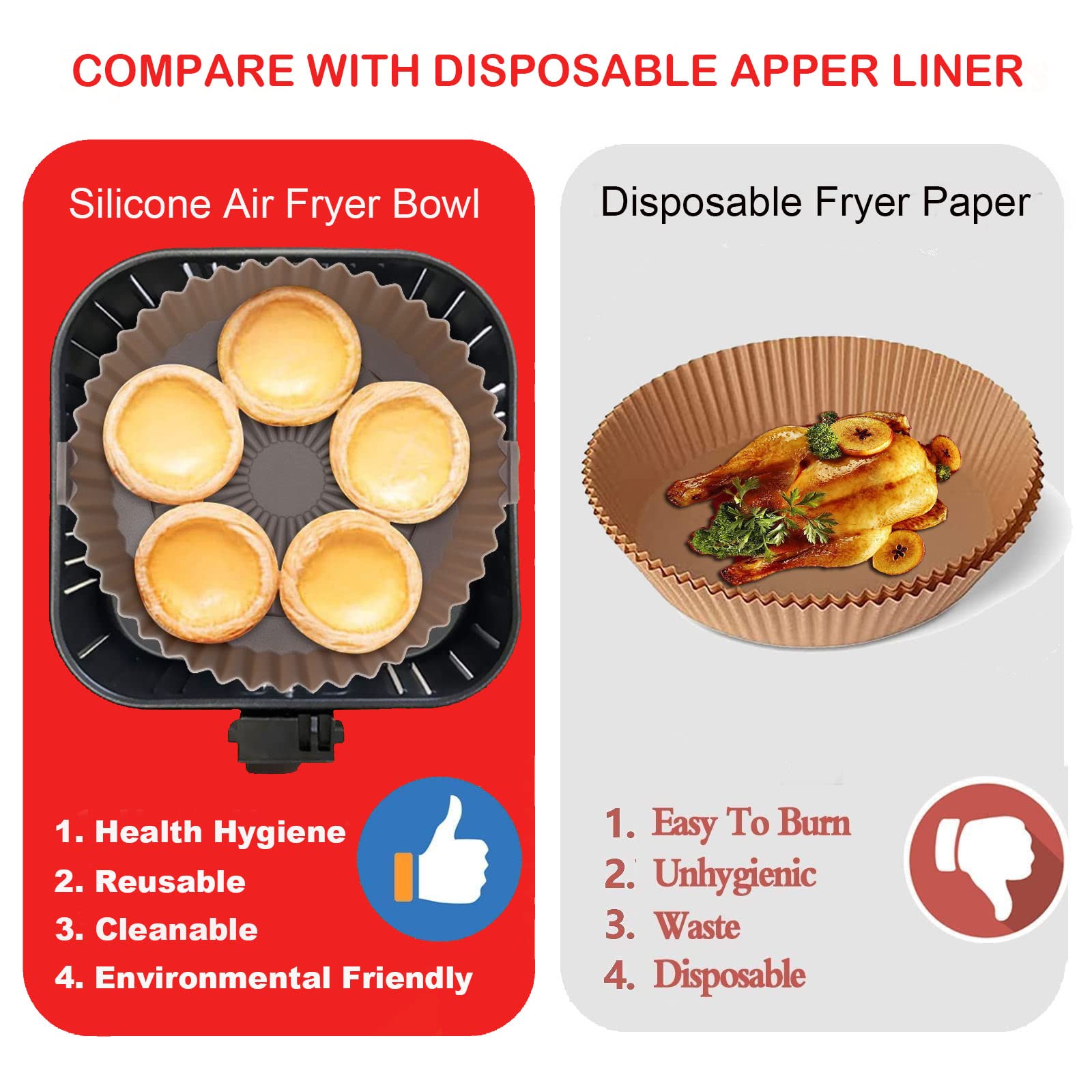 2 Pack Air Fryer Silicone Liners, 8 Inch Air Fryer Liners Apply To 3-6 Qt Air fryer Oven, Replacement Of Parchment Paper, Top: 8"- Bottom: 7"